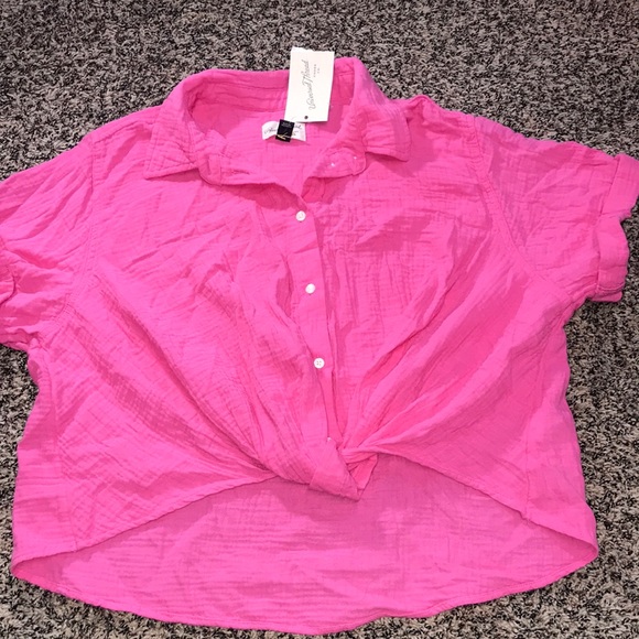 Universal Tops - 🆕Universal Thread Gauze Cotton Bright Pink Button-Up Front Tie Blouse Sz M | NWT